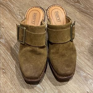 Born Tan Suede Clogs with Buckle Accent